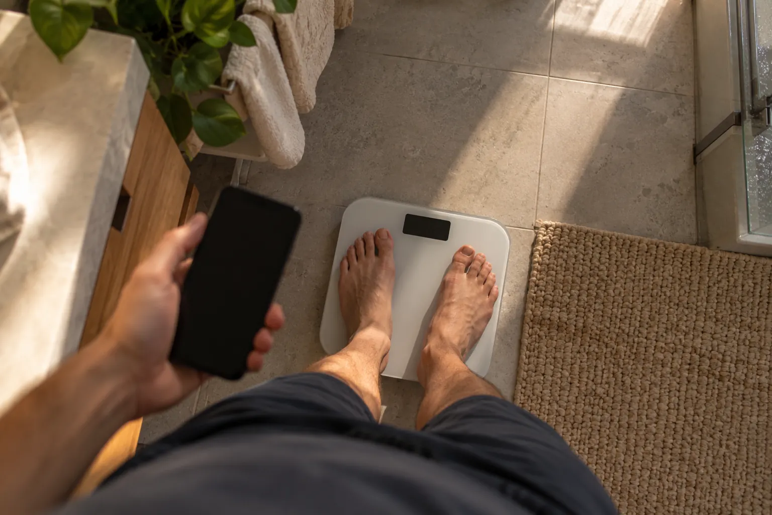 Bare feet on a bathroom scale during a morning weigh in, phone in hand