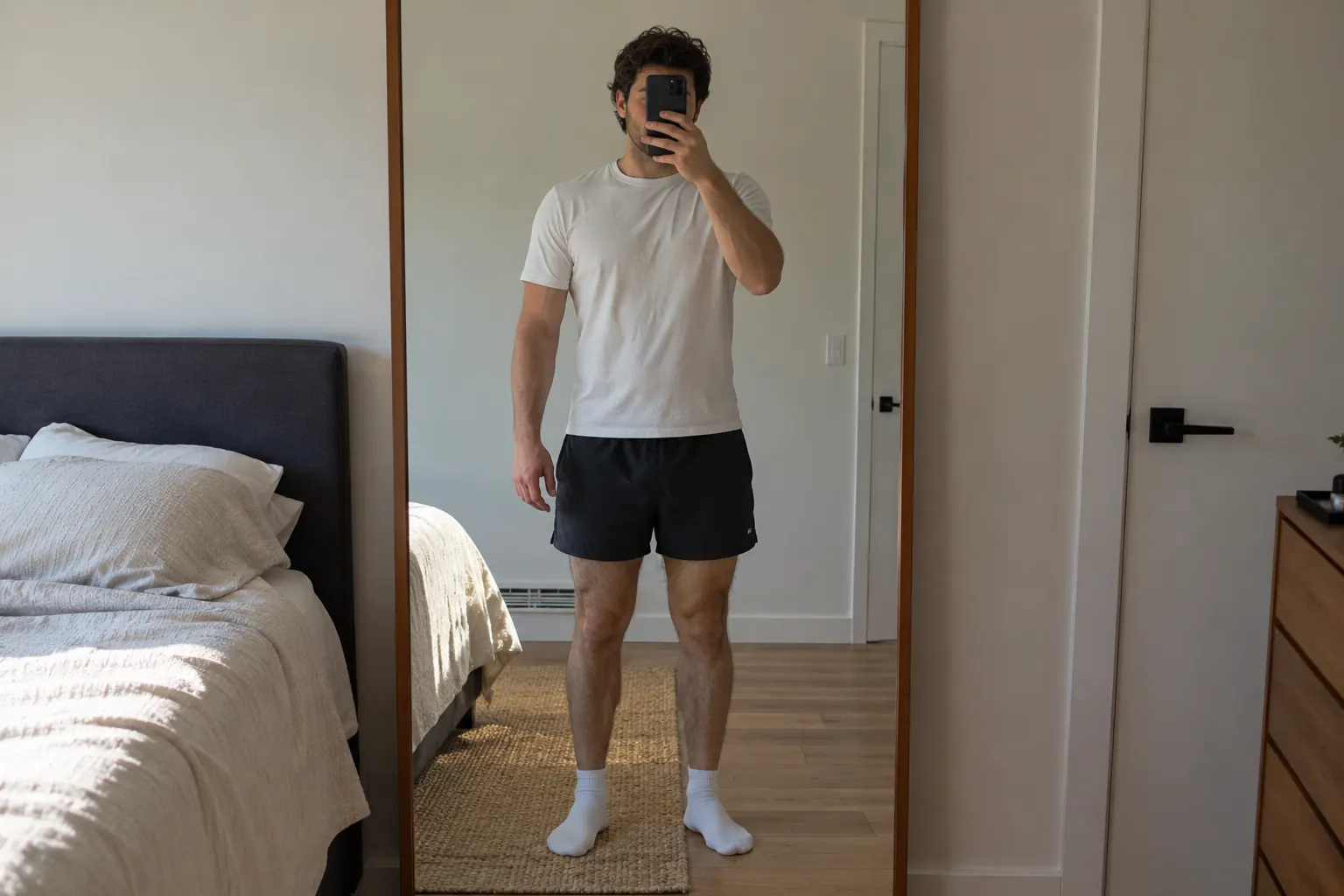 Man taking a progress photo in a full length mirror with his phone in even daylight