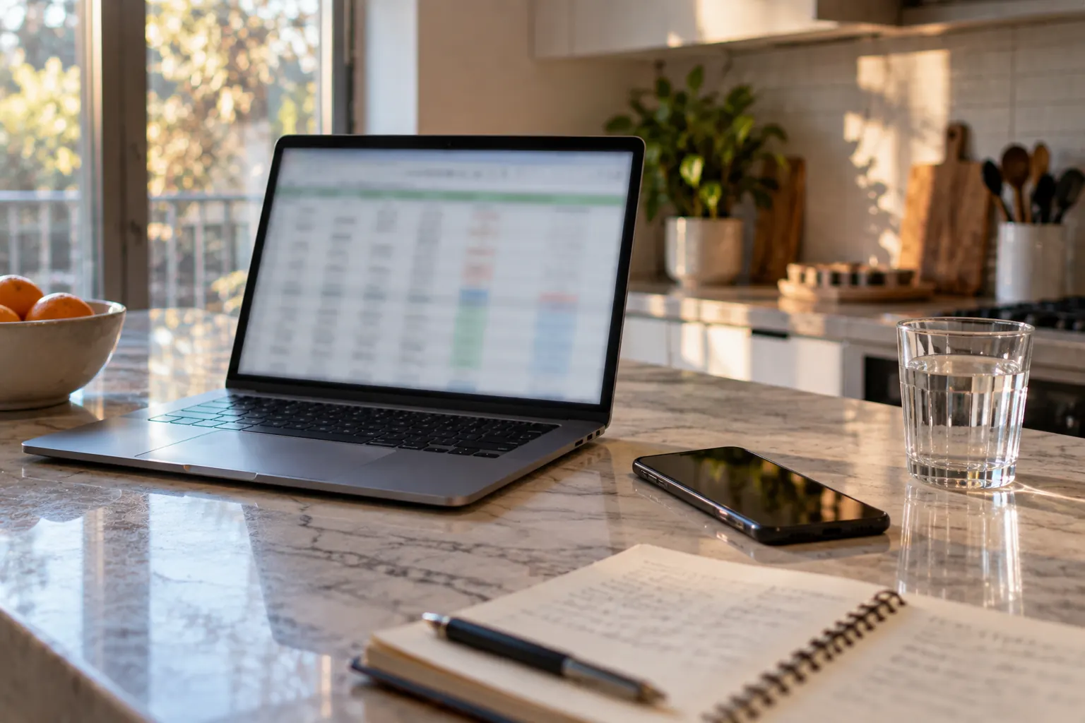 Laptop with a spreadsheet next to a phone on a kitchen counter