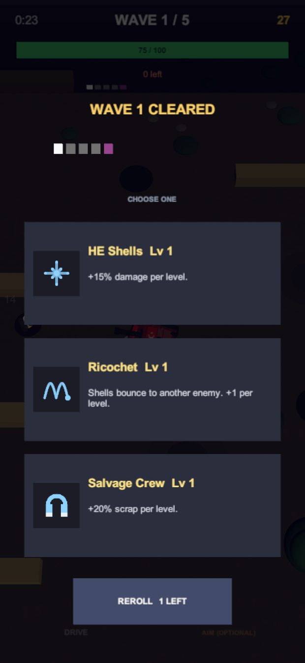 Steel Survivor upgrade cards between waves