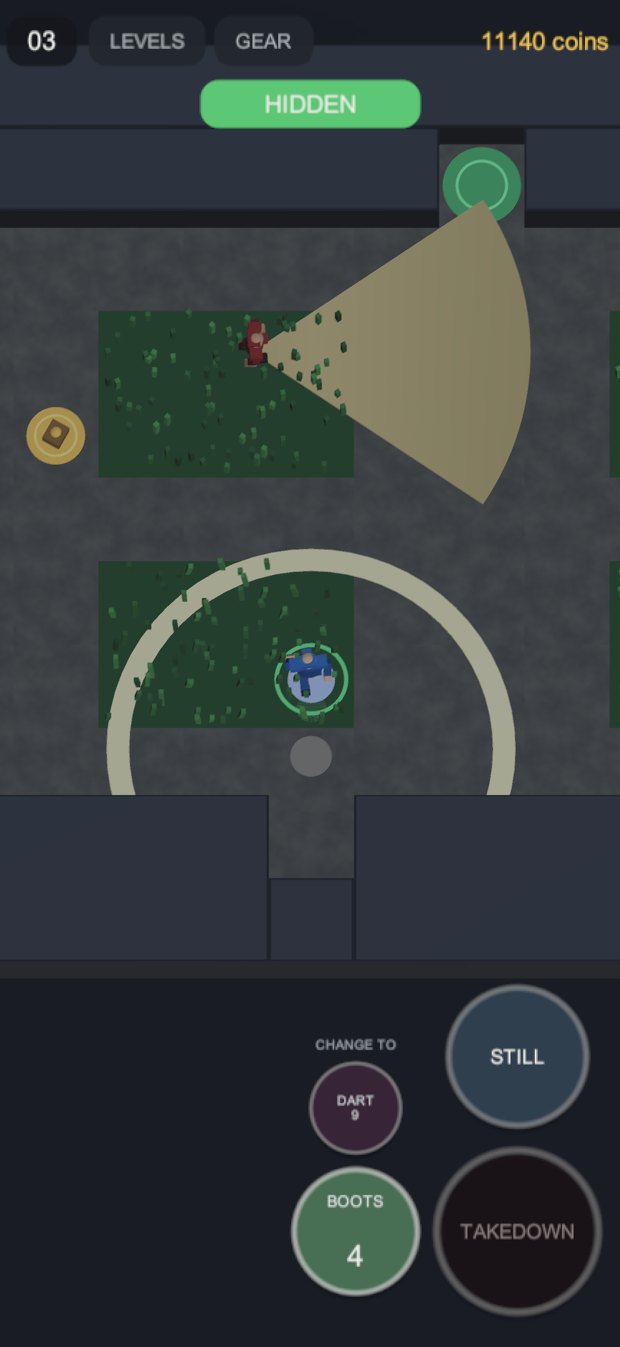 Thicket gameplay, a figure hiding in tall grass while a guard's cone of sight sweeps past